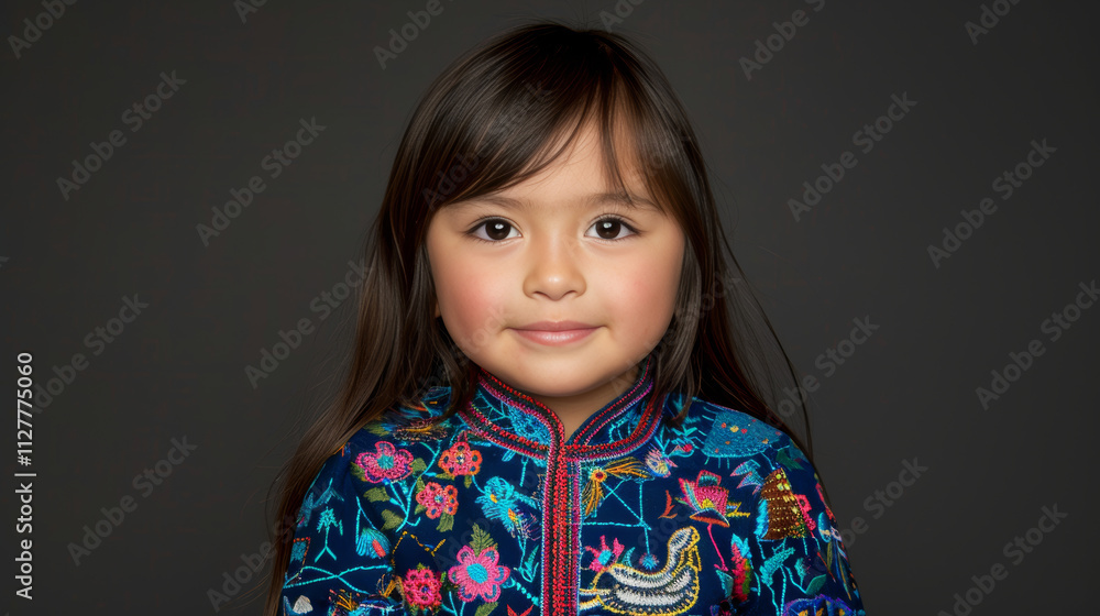 Portrait of joyful mexican child in traditional attire with space for text against bright background Portrait of joyful mexican child in traditional attire with space for text against bright background