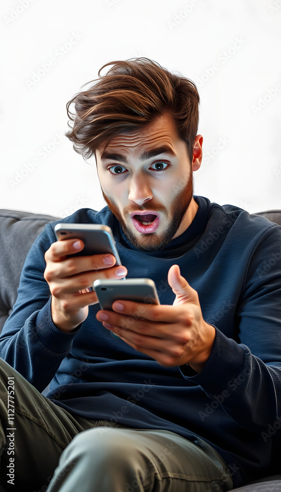 Fototapeta premium Shocked man looking at smartphone screen while sitting on couch at home isolated with white highlights, png