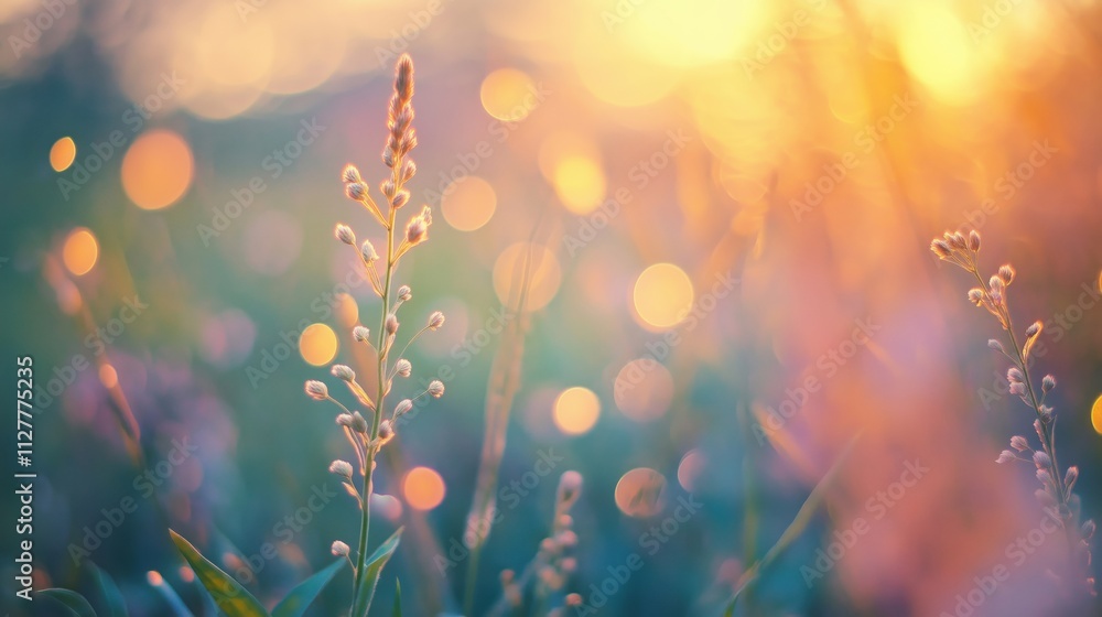A close-up of grass with soft bokeh effect during sunrise. A close-up of grass with soft bokeh effect during sunrise.