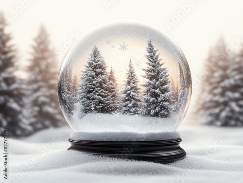 Snow Globe Winter Scene with Christmas Trees and Snowflakes photo