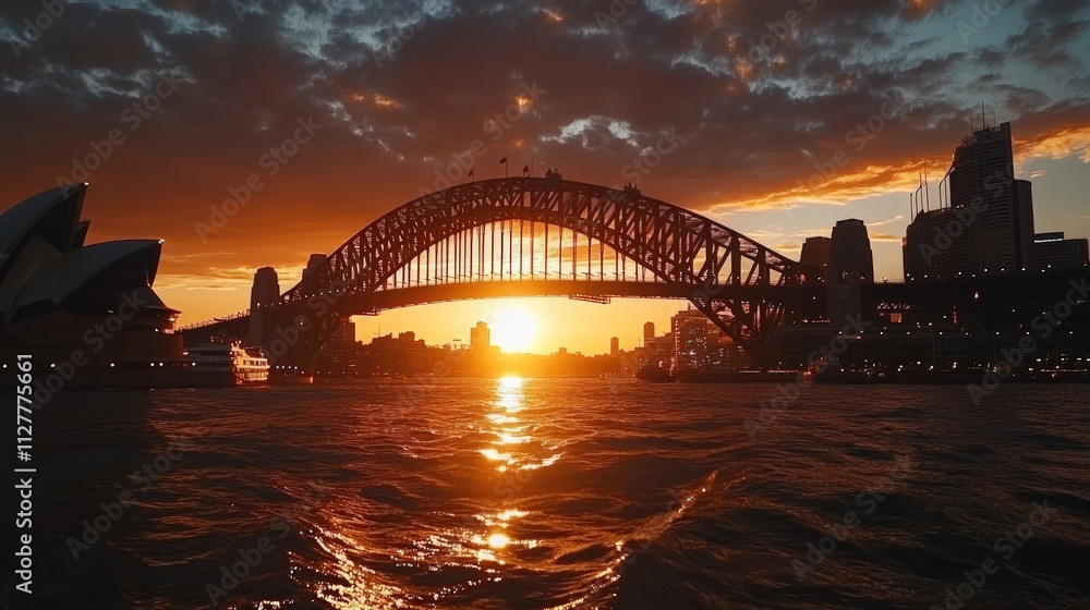 Naklejka premium Sydney Harbour Bridge sunset, Opera House, city skyline.