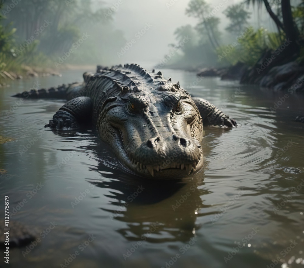 Dominant crocodile swims confidently in the murky river, wildlife, predator, reptile, dominant Dominant crocodile swims confidently in the murky river, wildlife, predator, reptile, dominant