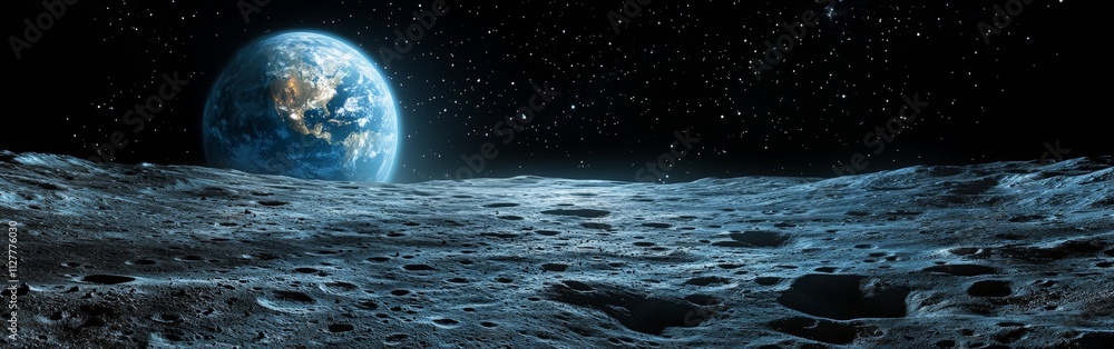 A view of Earth rising above the rocky, crater filled surface of the moon A view of Earth rising above the rocky, crater filled surface of the moon