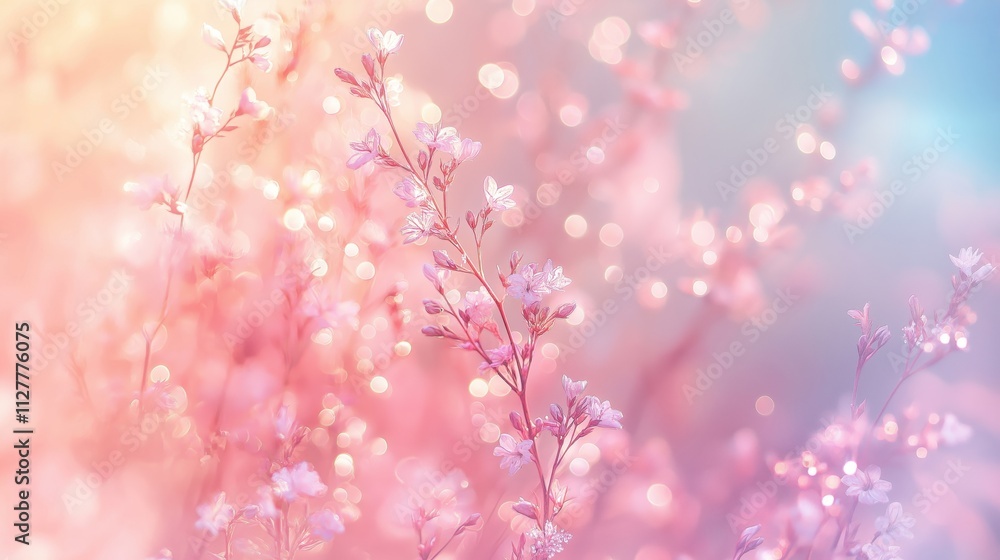 A dreamy background featuring delicate pink flowers with a soft bokeh effect. A dreamy background featuring delicate pink flowers with a soft bokeh effect.