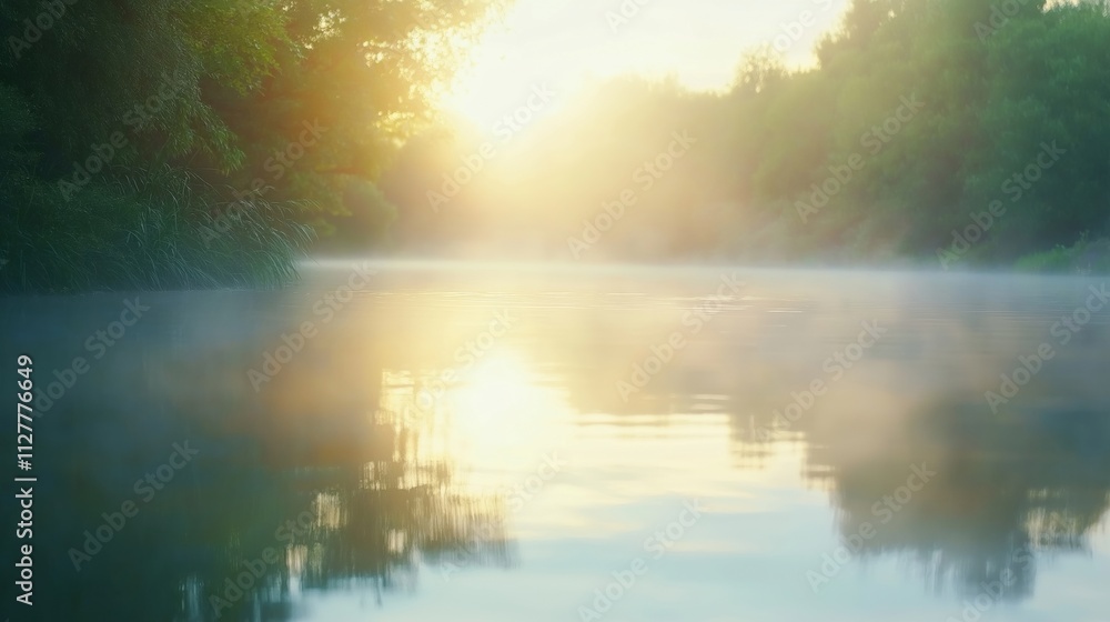 A serene sunrise illuminating a misty river surrounded by lush greenery. A serene sunrise illuminating a misty river surrounded by lush greenery.