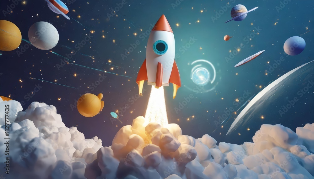 A vivid digital illustration showcasing a futuristic rocket cruising through the infinite reaches of space, enveloped by twinkling stars, radiant cosmic clouds, and a mesmerizing galactic A vivid digital illustration showcasing a futuristic rocket cruising through the infinite reaches of space, enveloped by twinkling stars, radiant cosmic clouds, and a mesmerizing galactic