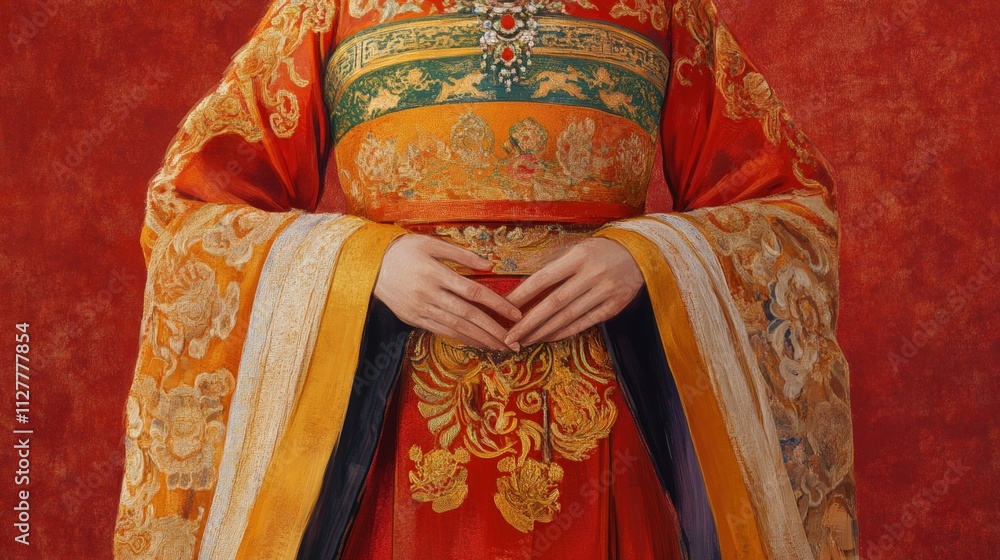 Naklejka premium Ornate red and gold Chinese robe, clasped hands.