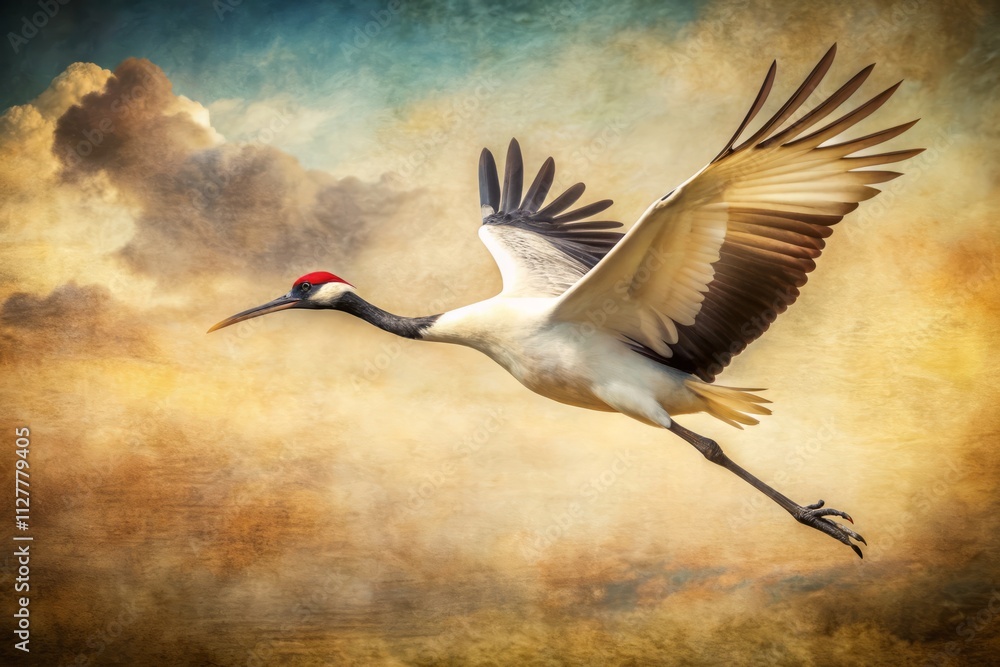 Fototapeta premium Vintage Red-Crowned Crane Flight Photography - Majestic Bird in Action, Elegant Wildlife Image
