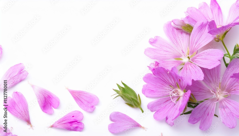 Closeup of Blooming Clarkia Flowers and Petals Isolated on White Background. Top View of Flower with Empty Space. Closeup of Blooming Clarkia Flowers and Petals Isolated on White Background. Top View of Flower with Empty Space.