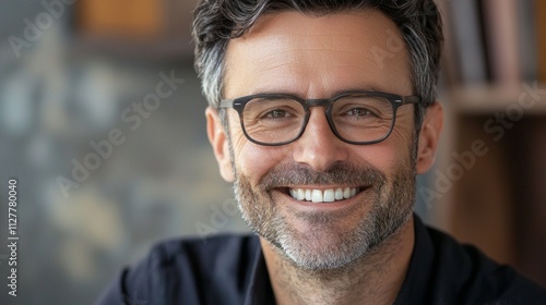 A happy middle-aged man with glasses and a beard radiates joy in a stylish office. His cheerful demeanor highlights confidence and satisfaction in his professional journey