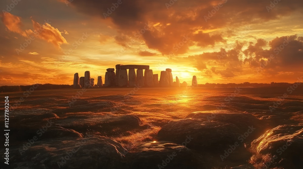 Stonehenge sunset; fiery sky, ancient stones. Stonehenge sunset; fiery sky, ancient stones.