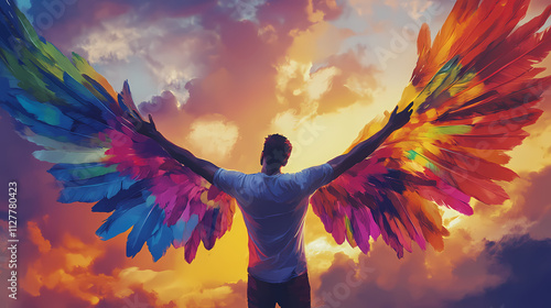 Wallpaper Mural A vibrant image capturing a man with colorful wings, arms outstretched in celebration against a dramatic dusky sky, embodying freedom and joy in the moment. Ebullience. Illustration Torontodigital.ca