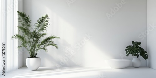 Serene indoor plant arrangement in a clean white studio minimalist decor natural light