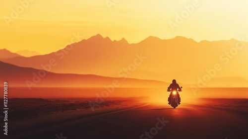 A silhouette of a motorcyclist riding on a road during a vibrant sunset with mountains in the background.