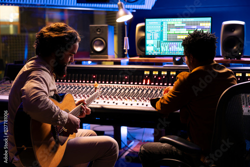 Fotografi Musician records electro acoustic guitar sounds with technician in studio, doing mix and master techniques to create a track