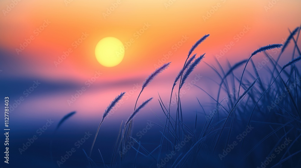 A serene sunset illuminating tall grass against a colorful sky. A serene sunset illuminating tall grass against a colorful sky.