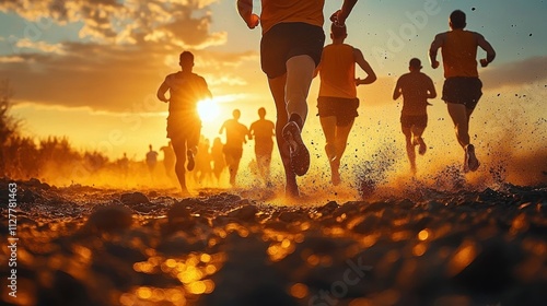 Fototapeta Naklejka Na Ścianę i Meble -  dynamic race scene runners motion sunset seaside trail energetic group jogging outdoor fitness