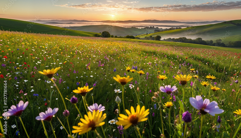 Obraz premium A sprawling field of wildflowers in full bloom, stretching toward the horizon. The sky is clear and bright with a few wispy clouds, and a gentle breeze sways the flowers.