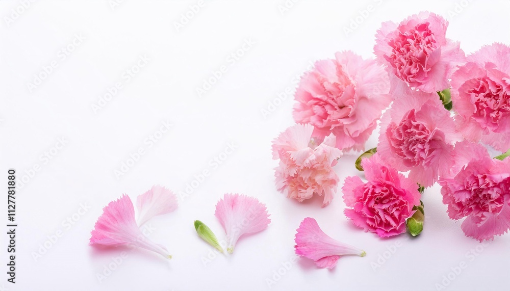 Closeup of Blooming Dianthus Flowers and Petals Isolated on White Background. Top View of Flower with Empty Space. Closeup of Blooming Dianthus Flowers and Petals Isolated on White Background. Top View of Flower with Empty Space.