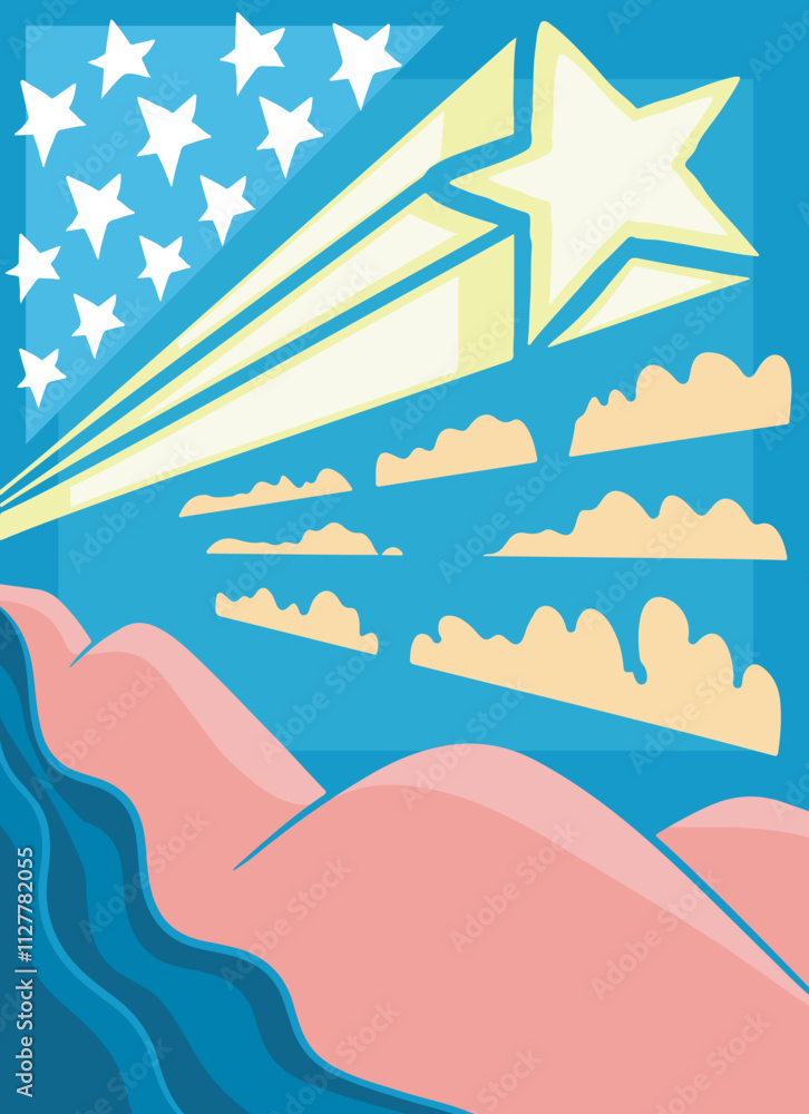 Naklejka premium Poster with river, mountains, clouds, shooting star and stars on a blue background. Simple, flat and abstract designs
