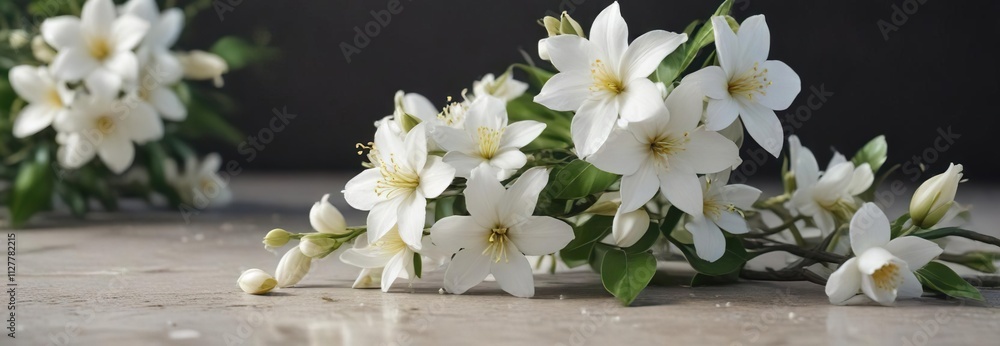 Elegant floral layout with white jasmine blooms, fragrant, delicate, decorative, arrangement, blooms Elegant floral layout with white jasmine blooms, fragrant, delicate, decorative, arrangement, blooms