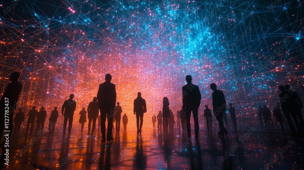 A digital illustration representing employee engagement with connected glowing figures A digital illustration representing employee engagement with connected glowing figures