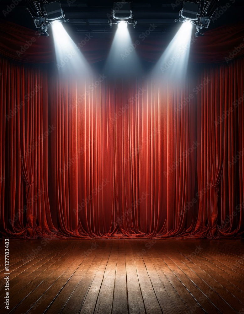 Empty stage with red curtains and spotlights.