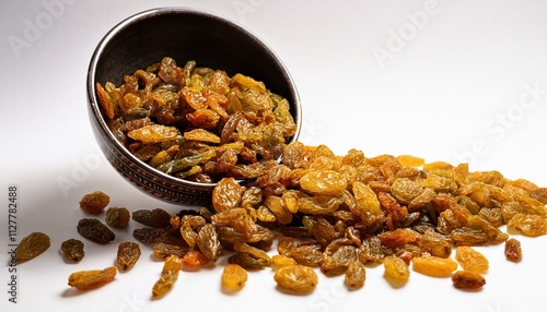 Golden raisins spilling from a dark bowl onto a white background. Sweet and delicious!