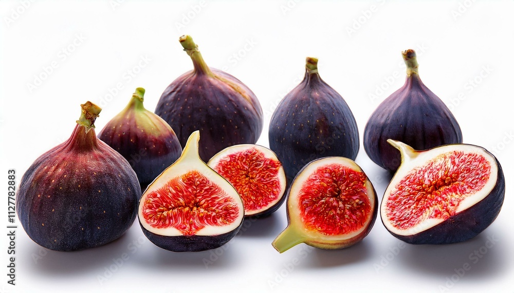 Fresh figs, whole and halved, against a bright white background. Fresh figs, whole and halved, against a bright white background.
