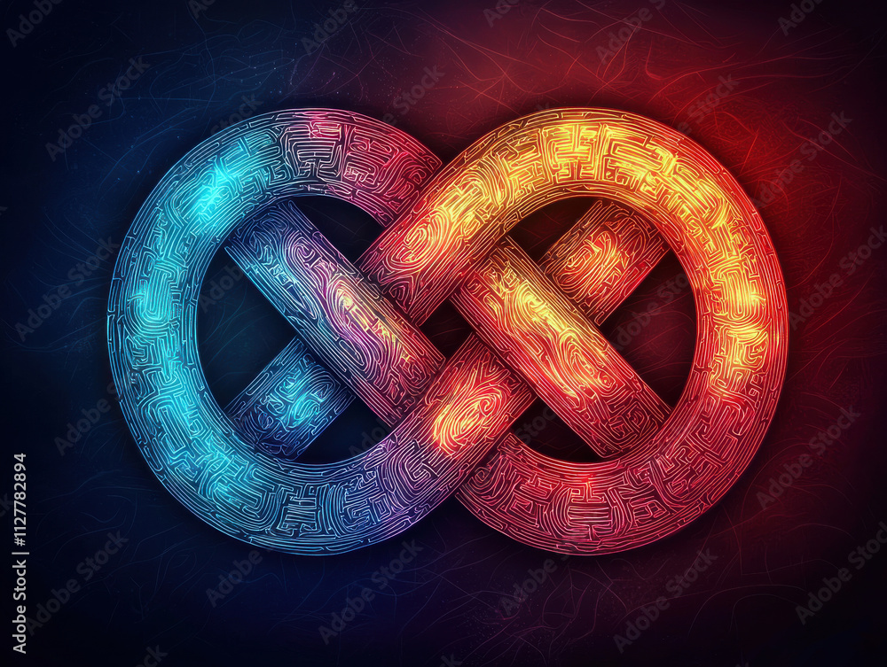 Intricate glowing patterns in colorful knot design evoke harmony, isolated design on black background Intricate glowing patterns in colorful knot design evoke harmony, isolated design on black background