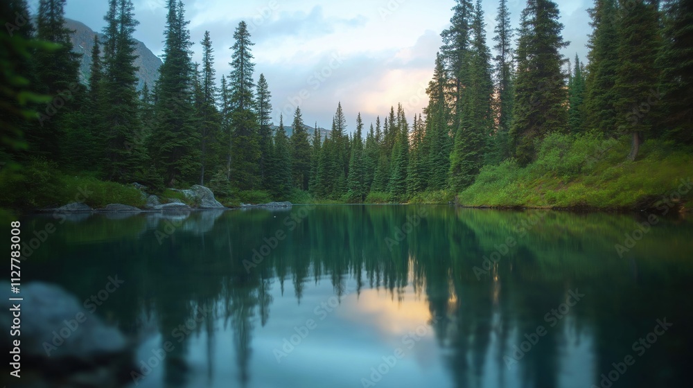 A serene lake surrounded by tall pine trees reflecting the sky at dusk. A serene lake surrounded by tall pine trees reflecting the sky at dusk.