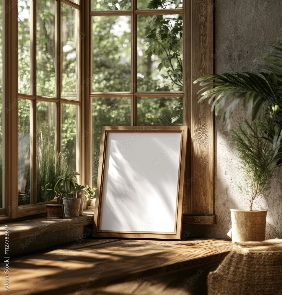 Minimalist Interior Scene with Empty Picture Frame on Wooden Table and Natural Light Minimalist Interior Scene with Empty Picture Frame on Wooden Table and Natural Light