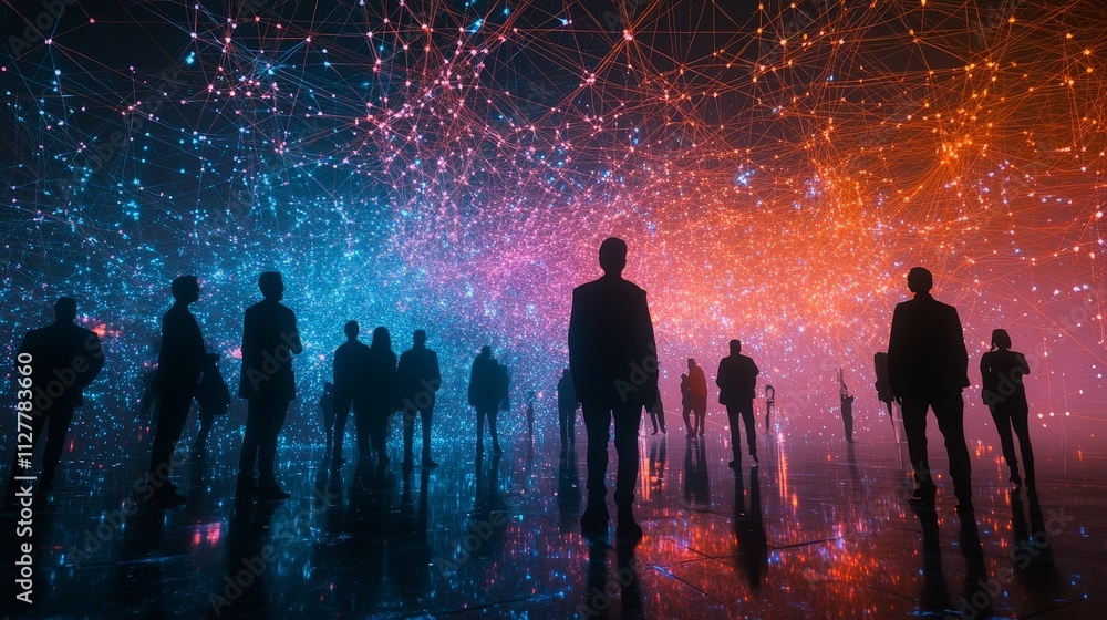 A digital illustration representing employee engagement with connected glowing figures A digital illustration representing employee engagement with connected glowing figures