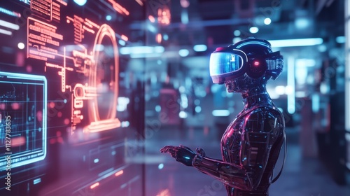 Immerse in a high-tech metaverse with futuristic robots in virtual reality