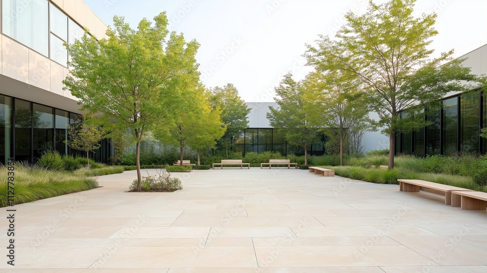 Modern office courtyard features rich trees, comfortable benches. Relaxing, social space designed for employees. Light beige stone paving creates calm atmosphere. Contemporary urban landscape perfect Modern office courtyard features rich trees, comfortable benches. Relaxing, social space designed for employees. Light beige stone paving creates calm atmosphere. Contemporary urban landscape perfect
