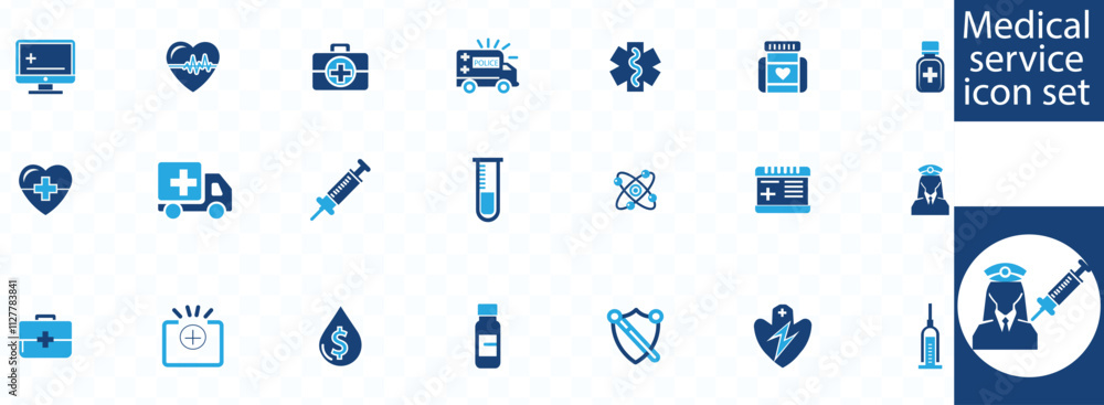 Medical service icon set. Containing medicine, injection, saline bag, stethoscope and medical report icon. Vector illustration Medical service icon set. Containing medicine, injection, saline bag, stethoscope and medical report icon. Vector illustration