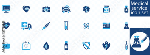 Medical service icon set. Containing medicine, injection, saline bag, stethoscope and medical report icon. Vector illustration