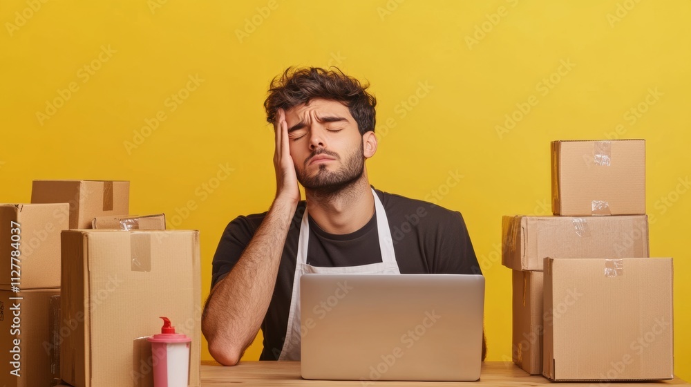 Tired worker at desk with computer in warehouse Tired worker at desk with computer in warehouse