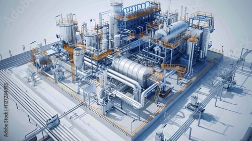 Detailed 3D Rendering of a Complex Industrial Chemical Processing Plant