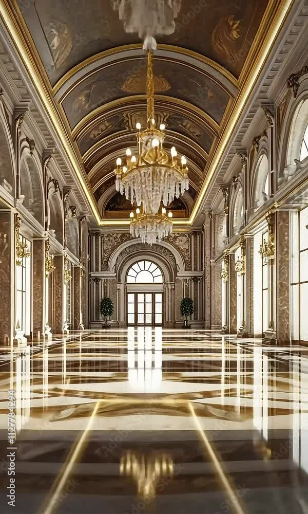 Exquisite Grand Hall with Luxurious Architecture, Elegant Chandeliers, and Stunning Marble Flooring Illuminated by Natural Light with ai generated. Exquisite Grand Hall with Luxurious Architecture, Elegant Chandeliers, and Stunning Marble Flooring Illuminated by Natural Light with ai generated.
