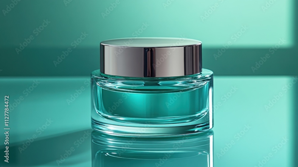 Teal perfume bottle on green background. Teal perfume bottle on green background.