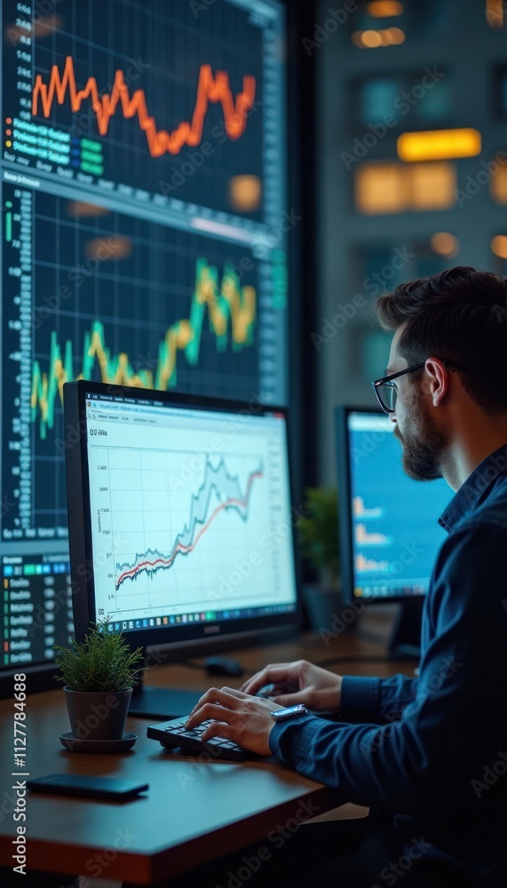 Analyst reviews tech financial data on computer screens. Charts, graphs show sales metrics. Person focused on managing risk in business operations. Data analysis job in modern office. Technology Analyst reviews tech financial data on computer screens. Charts, graphs show sales metrics. Person focused on managing risk in business operations. Data analysis job in modern office. Technology