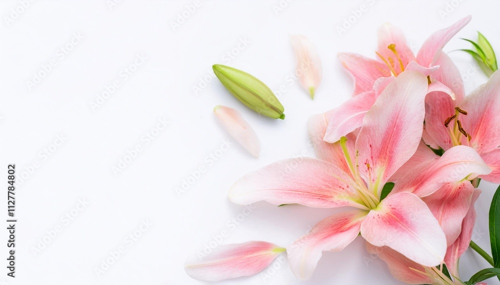 Naklejka premium Closeup of Blooming Lily Flowers and Petals Isolated on White Background. Top View of Flower with Empty Space.