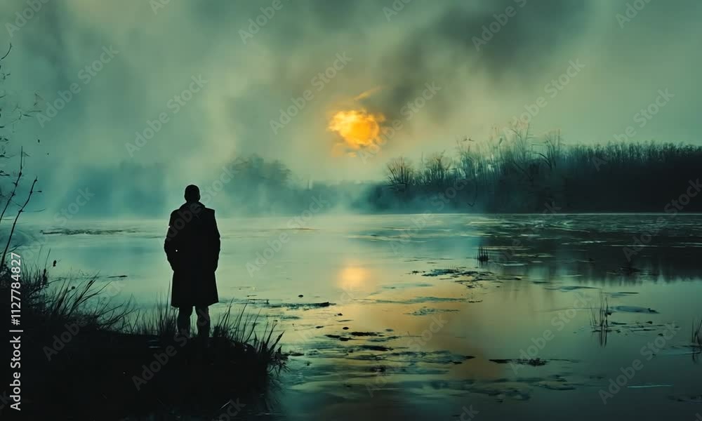 A solitary figure stands by a misty river at sunset, creating a contemplative atmosphere. A solitary figure stands by a misty river at sunset, creating a contemplative atmosphere.