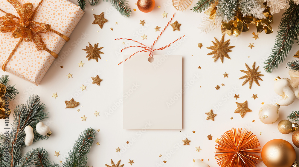 Christmas Card Mockup: A festive Christmas card mockup featuring a blank card surrounded by shimmering stars, golden baubles, and sprigs of fir. Christmas Card Mockup: A festive Christmas card mockup featuring a blank card surrounded by shimmering stars, golden baubles, and sprigs of fir.