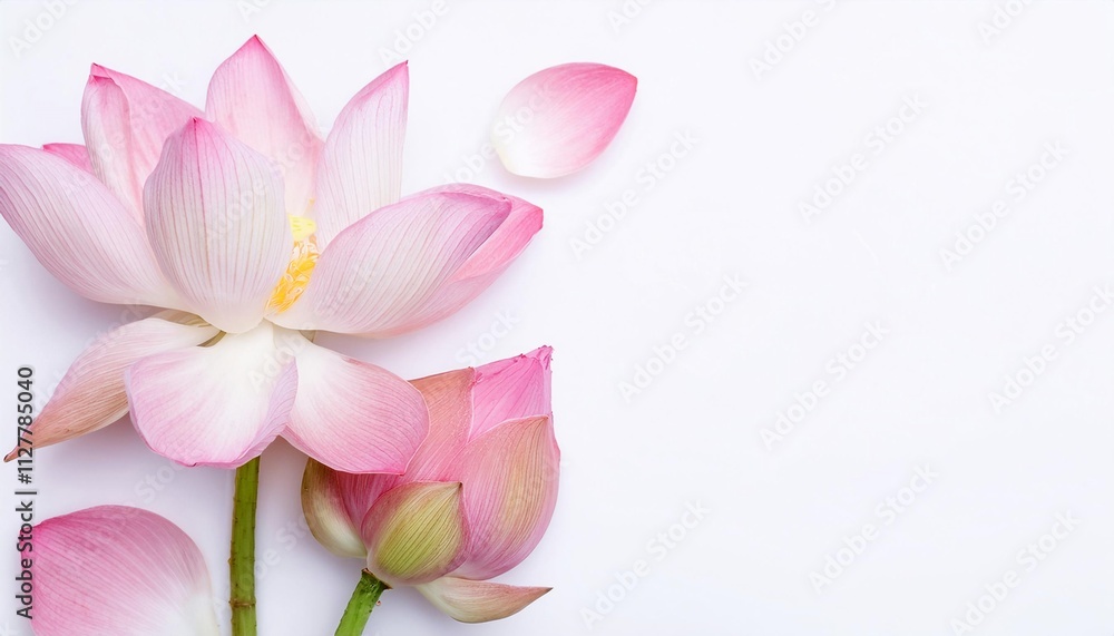 Fototapeta premium Closeup of Blooming Lotus Flowers and Petals Isolated on White Background. Top View of Flower with Empty Space.