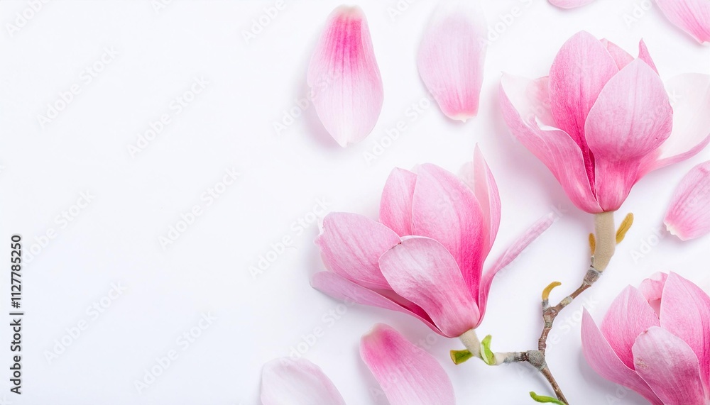 Closeup of Blooming Magnolia Flowers and Petals Isolated on White Background. Top View of Flower with Empty Space. Closeup of Blooming Magnolia Flowers and Petals Isolated on White Background. Top View of Flower with Empty Space.
