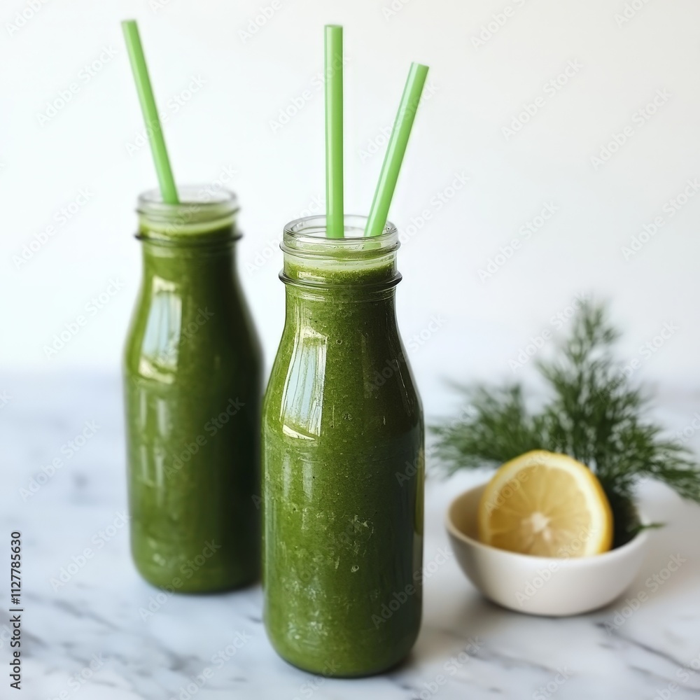 Healthy green vitamin water drink with lemon garnish