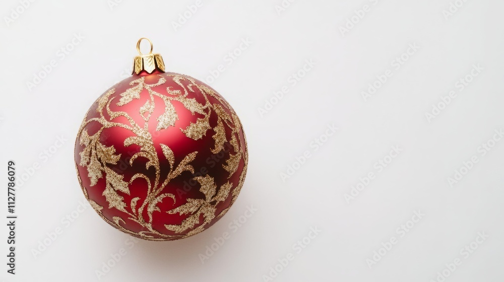 Red Christmas ornament with gold detailing on a white background. Red Christmas ornament with gold detailing on a white background.