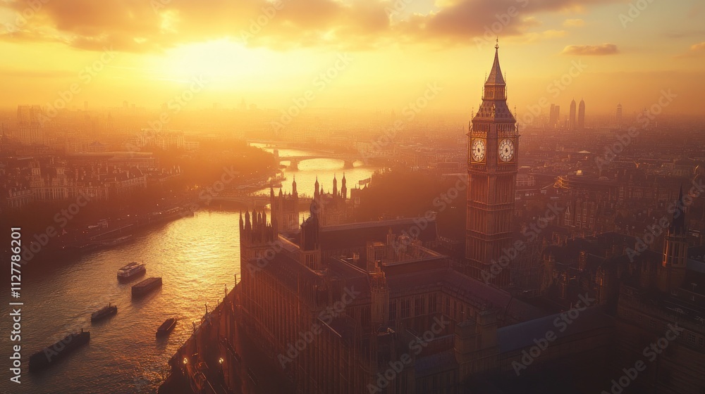 Naklejka premium Golden sunset over London, Big Ben prominent.